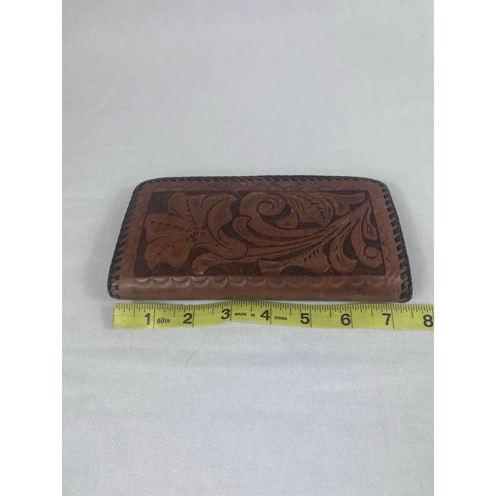 Tooled Brown Leather Unisex Money Wallet Card Checkbook Holder Floral Acorns Vtg